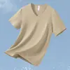 Camiseta de Manga Corta de Algodón Modal para Hombre con Cuello en V, Top de Seda Helada Fresco, Secado Rápido, Color Puro Blanco, Manga Media, Antibacteriano y Antiácaros