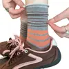 Calcetines de media pantorrilla para mujer, calcetines de verano finos a rayas con bloques de color y volantes, calcetines de algodón puro con borde enrollado, de ajuste holgado, para el posparto, calcetines largos