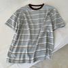 Camiseta de Manga Corta con Cuello Redondo y Rayas Azul Claro Estilo Coreano para Mujer, Verano, Bloques de Color, Corte Holgado, Adelgazante, Casual, Versátil, Camiseta Base