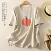 Top estampado de algodón y lino de manga corta, manga corta, estilo artístico y vintage, nueva colección de verano, ligero, corte holgado, favorecedor, camiseta sencilla, ropa para mujer