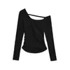 Camiseta Assimétrica Sexy Irregular de Manga Longa para Mulheres, Outono/Inverno Ombro a Ombro Costas Abertas Franzido Curvo Cintura Alta Slim