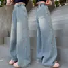 Calça Jeans Colorida de Coração para Meninas 2026 Nova Coleção Primavera/Outono para Crianças de Meia-idade e Mais Velhas Calça de Perna Larga com Bordado Lateral Calça Longa Fashion