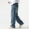 Pantalones vaqueros de alta gama a la moda con salpicaduras de tinta para hombre, diseño holgado de pierna ancha, pantalones largos rectos de estilo retro americano al por mayor