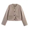 Ropa de Mujer Transfronteriza Invierno 2025 Estilo Europeo y Americano Cuello Redondo Manga Larga Chaqueta de Lana con Decoración de Bolsillo para Mujer A15070
