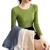 Suéter Pulóver de Manga Larga con Cuello Redondo Bajo Ajustado Nuevo para Primavera y Otoño 2024 El Más Fácil de Combinar Suéter Básico para Mujer Suéter de Color Sólido Suéter
