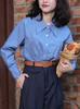 Camisa azul de niña danesa con cuello puntiagudo pequeño de 150 pliegues, retro, sal de alta calidad para ir al trabajo