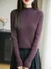2025 Início do Outono Novo Tricô de Algodão Puro Gola Alta Meia Manga Cor Sólida Listrado Elegante Camisa Básica Top para Mulheres