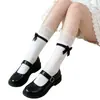 Meias de Algodão com Laço Preto e Branco Meias Lolita de Cano Médio para Meninas Primavera e Outono Algodão Puro com Acabamento em Renda Meias de Cano Meio Meias Largas Menininhas
