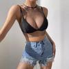 Ins2025 Popular en Europa y América Malla con Pedrería Sin Mangas Negro Ajustado Cuello Halter Espalda Descubierta Camiseta Sin Mangas para Mujer 20569