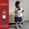 Conjunto de Dos Piezas de Verano para Niños, Ropa Elegante de Manga Corta con Estampado de Letras, Conjunto de Mezclilla para Niños Pequeños