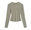 Camiseta Feminina de Manga Longa Ribatada Algodão Slim Fit, Camiseta Slim Fit de Gola Redonda Estilo Similar, Cor Sólida para Primavera e Outono