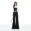 Jeans Flare de Cintura Elástica Sem Costura, Cor Preto e Dourado, Anti-Desbotamento, Caimento Solto, Não Apertado nas Pernas, para Mulheres, Emagrecimento, Levanta Bumbum, Fluido, Versátil