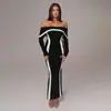 Vestido Estilo Retro Moderno, Design Clássico Francês de Cores Contrastantes, Vestido Longo de Manga Comprida Abraçado ao Peito e ao Corpo