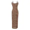 Vestido longo de cetim com estampa de leopardo para mulher, vestido de verão de alta qualidade, retrô, justo, com fenda