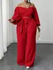 European and American Foreign Trade Cross-Border 2026 Plus-Size Women's Off-Shoulder Fashion Top Set with Tie-Up Straight-Leg Pants Two-Piece Set