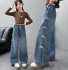 Calças Jeans de Inverno para Meninas 2026 Novo Estilo Calças Largas Infantis com Forro de Lã e Espessado para Meninas Mais Velhas, Calças Retas para Primavera e Outono