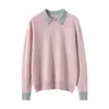 Nuevo~Sencillo Elegante Kanserai 100% Cachemira Tejido para Mujer Bloque de Color Cuello Polo Capa Interior Suéter Ropa Exterior