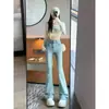 Jeans Acampanados Azul Claro de Cintura Alta para Mujer, Nuevo Estilo Tallas Grandes para Figuras Curvilíneas, Ajuste Ceñido Adelgazante para Mujeres Petite, Pantalones Ligeramente Acampanados Bootcut