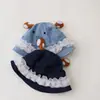 Sombrero de pescador de mezclilla con borde de encaje y orejas de ciervo estilo coreano, lindo para niñas, sombrero de pescador para niños