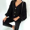 Ropa de Mujer 2023 Amazon Wish Nueva Moda Europea y Americana Cuello en V Color Sólido Traje Suéter Mujer