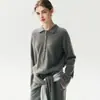 Suéter de tricô de cashmere liso para outono e inverno, com gola polo e botões, para mulheres, de manga comprida, modelagem solta, casual, versátil e macio