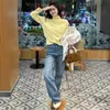 Jeans Espesso Reto com Forro de Lã para Mulheres Baixinhas, Tendência Outono e Inverno Novos Calças de Cintura Alta Soltas Estreitas de Perna Larga