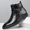 Botas de Hombre Estampado de Cocodrilo Cuatro Estaciones, Botines de Vestir Británicos Puntiagudos, Decoración de Hebilla Metálica Chelsea Estilo Británico
