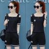 Pantalones cortos de manga corta de dos piezas de verano de la estación europea nueva moda camiseta con hombros descubiertos pantalones cortos para correr traje deportivo para mujer