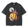 Camiseta Vintage Lavada Street Hip-Hop Anime Dragon Ball Super Estampa de Desenho Animado Gráfica Casual Algodão Verão Manga Curta Estilo Europeu e Americano
