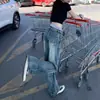 Calça Jeans Azul Lavada Vintage Estilo Americano para Mulheres, Barra Reta, Emagrecedora, Inverno, Streetwear, Cintura Baixa, Solta, Perna Larga, Comprimento Estendido, Comprimento Total