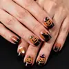 Uñas cuadradas cortas de Halloween postizas con diseños de calabaza, gato negro y dulces, parches de uñas postizas desmontables para vacaciones