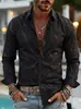 Nova camisa masculina de sarja estampada de manga longa, estilo europeu e americano, casual e elegante, com lapela, aberta na frente, para 2026