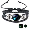 Pulsera de Cuero de Vaca con Cuentas de Piedra de Tiempo de las Doce Constelaciones Luminosas Pulsera Unisex de Cristal Negro
