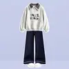 Conjunto de top com lapela xadrez retrô e blocos de cor para meninas, estilo preppy, e jeans casual versátil para primavera e outono