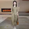 Elegante y sencillo conjunto de dos piezas de algodón y lino para mujer, pantalones de pierna ancha, conjunto de verano 2026, cuerpo suelto que disimula, transpirable, moderno, conjunto para mamá