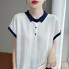 Camiseta de Verano Nueva Estilo Bloques de Color, Solapa Pequeña, Manga Corta, Mangas de Murciélago Raglán, Cuello Polo, Tejido Jacquard, Top Versátil para Mujer