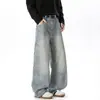 Calça jeans masculina estilo americano de rua com perna curva, cinza escuro, lavagem desgastada, perna larga, com design de retalhos curvos, calça longa da moda