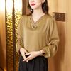 Camisa Botonada Estilo Chino para Mujer Primavera 2024 Nueva Blusa de Satén de Manga Larga Estilo Western Retro Camisa Pequeña para Madre de Mediana Edad