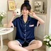 Pijama de seda de hielo para mujer, verano, manga corta, shorts, nuevo, color sólido, temperamento dulce de alta gama, traje de ropa para el hogar, foto real, venta al por mayor