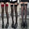 Meias Longas Pretas de Seda Pura para Joelho Sexy Cyber Celebridade com Costura Lateral Vermelha
