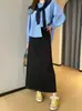 Falda midi de gelatina de seda de alta calidad de doble capa, colección de otoño, corte recto, amplia cintura fluida, abertura, falda midi informal de línea A para mujer