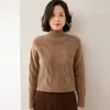 Suéter de Tricô de Caxemira Novo Outono/Inverno 2026 para Mulheres, Gola Alta Curta, Design Trançado Emagrecedor, Manga Longa, Camada Interna