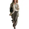 Blazer casual de rayas verticales color caqui con hombros caídos y tobillos fruncidos, pantalones holgados de pierna ancha con textura marrón grisáceo para mujer, 2026 Transfronterizo