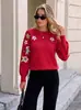 Tendencia de Moda Europea y Americana Suéter con Bordado Floral para Mujer Otoño e Invierno Nuevo Cuello Redondo Manga Larga Punto con Perlas Top