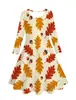 Venda Quente Transfronteiriça Aliexpress Vestido Casual Longo para Meninas Estilo Pastoral Estampa Digital 3D Folhas de Bordo Caindo no Outono