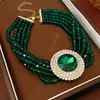 Pendientes Redondos de Cristal con Incrustaciones de Diamante Aguja de Plata Collar Cadena para Clavícula Esmeralda Luz de Lujo Versátil Estilo Palacio Conjunto de Alta Gama