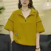Camiseta de algodón de verano nueva, casual, holgada, con media cremallera, cuello alto, manga corta, para mujer, elegante y versátil, efecto adelgazante