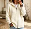 Cardigan de Tricô com Zíper e Capuz Outono/Inverno Novo Europeu e Americano Cruzado Feminino Solto Cor Sólida Casaco Suéter Casual