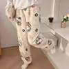Calça de Pijama de Flanela com Gato de Desenho Animado para Mulheres, Outono e Inverno, Forrada com Lã, Quente, Casual, para Casa, Calça Graffiti de Comércio Exterior