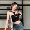 Estilo Lujuria Pura Sexy Chica Caliente Hebilla Metálica Halter Top Corto de Verano para Mujer Sin Espalda Sin Mangas Tirantes Pequeños Top Negro